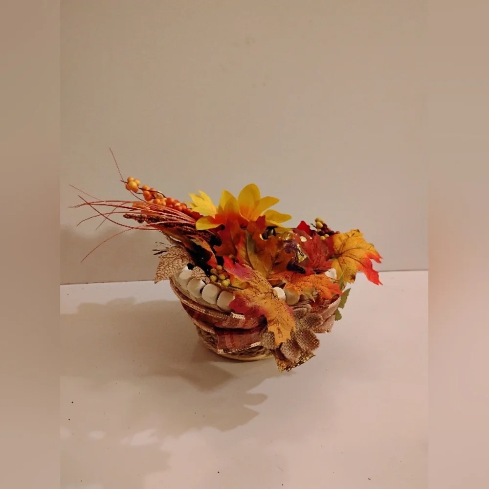 Autumn Harvest Floral Berries Leaves Small Basket Mixed Media Homemade Accents